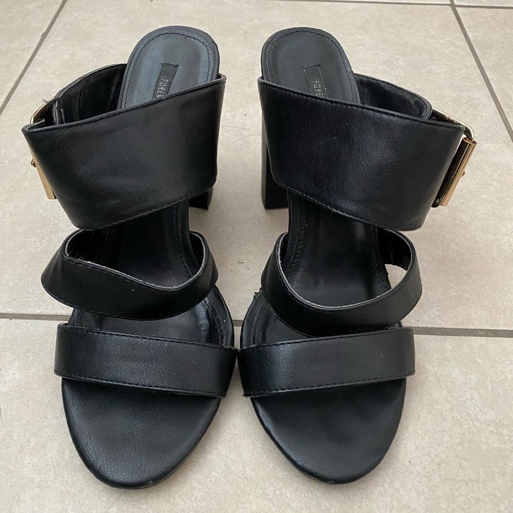 Black Forever 21 heels, 3 straps with gold buckel
